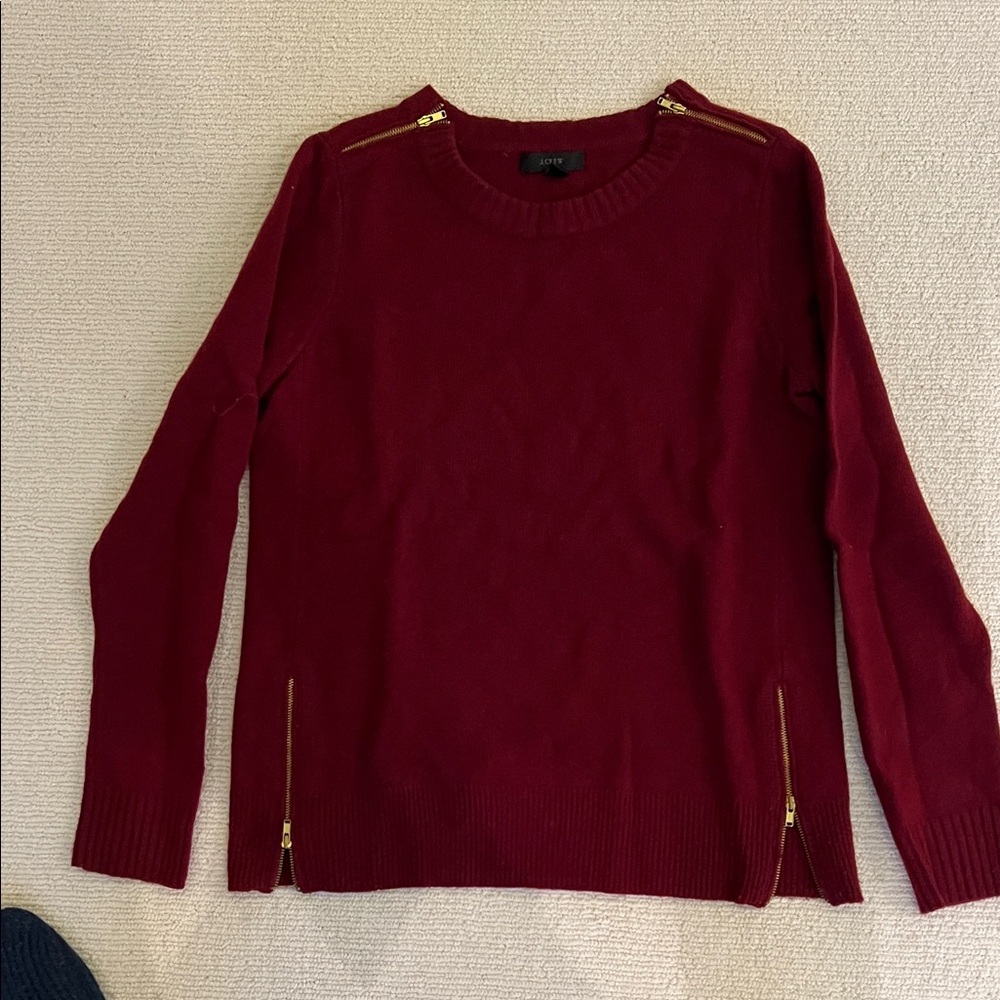 J. Crew Deep Red/maroon wool Sweater with Gold Zippers